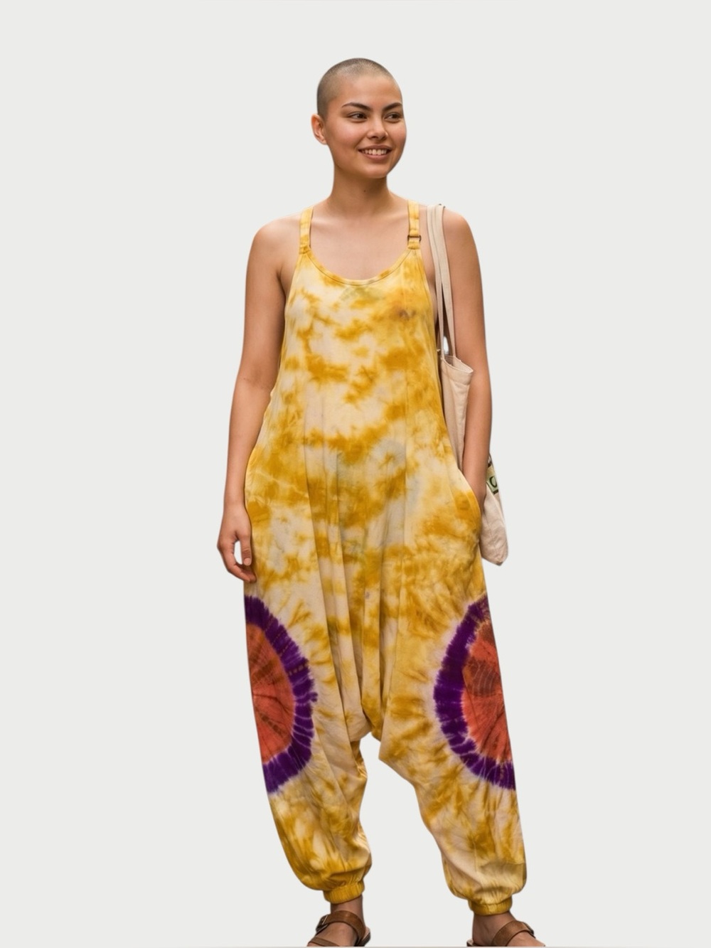Himalaya handmade Tie-Dye Yellow low Crotch Overalls. Women's Relaxed fit NWOT